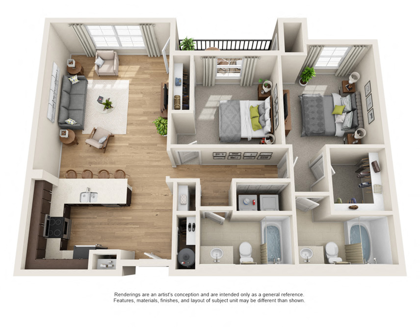 Floor plan for 2 beds, 2 baths, 1093 sqft